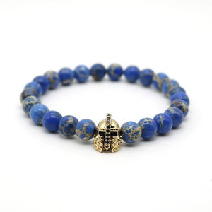 Gold-color Roman Warrior Gladiator Helmet Bracelet Beaded Blue Sea Sediment Stone Bracelets For Men Jewelry MN-3