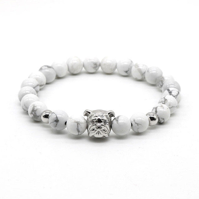 Gold Bulldog with White Stone Bead Bracelet