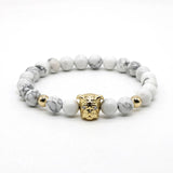 Gold Bulldog with White Stone Bead Bracelet