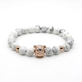 Gold Bulldog with White Stone Bead Bracelet